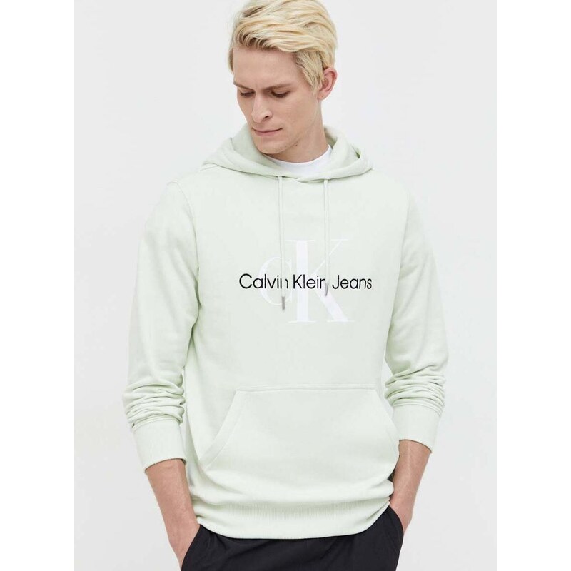 Bavlněná mikina Calvin Klein Jeans pánská, zelená barva, s kapucí, s potiskem