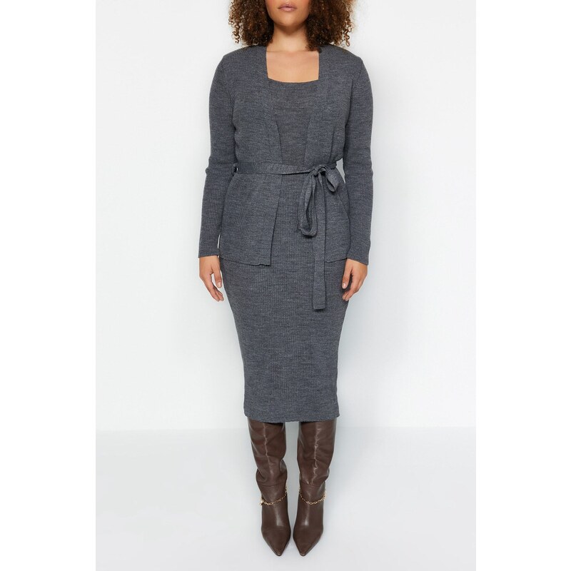 Trendyol Curve Anthracite 2-dílný úplet Cardigan-Dress