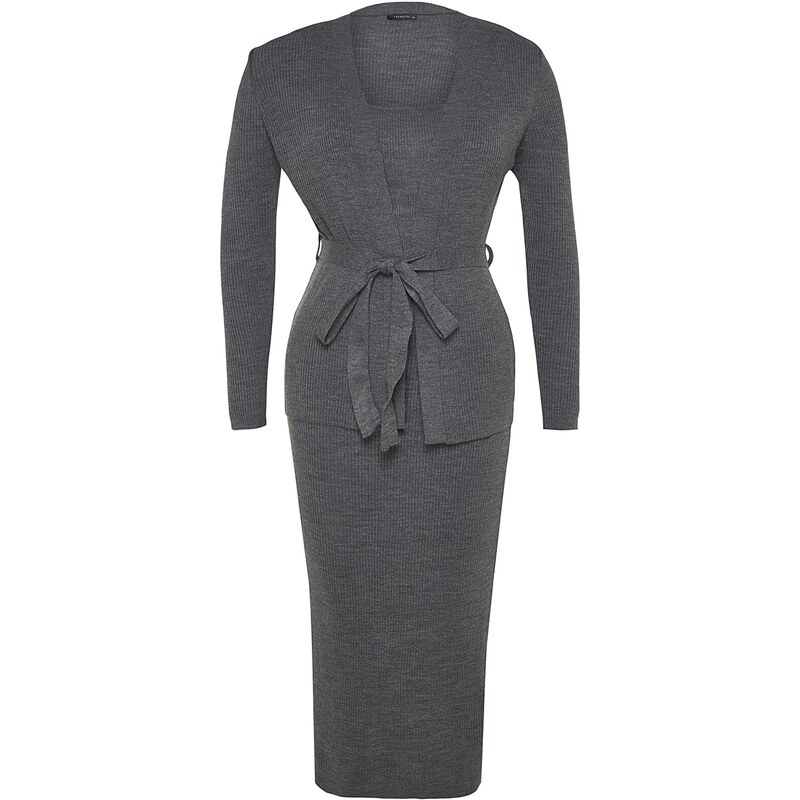 Trendyol Curve Anthracite 2-dílný úplet Cardigan-Dress