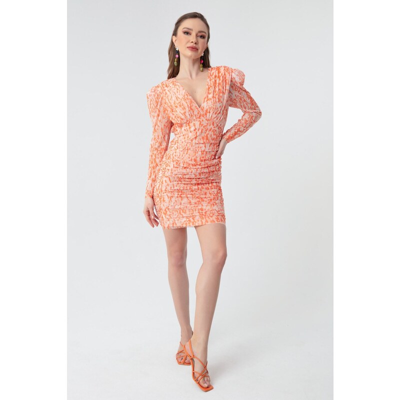 Lafaba Women's Orange Padded Patterned Tulle Dress