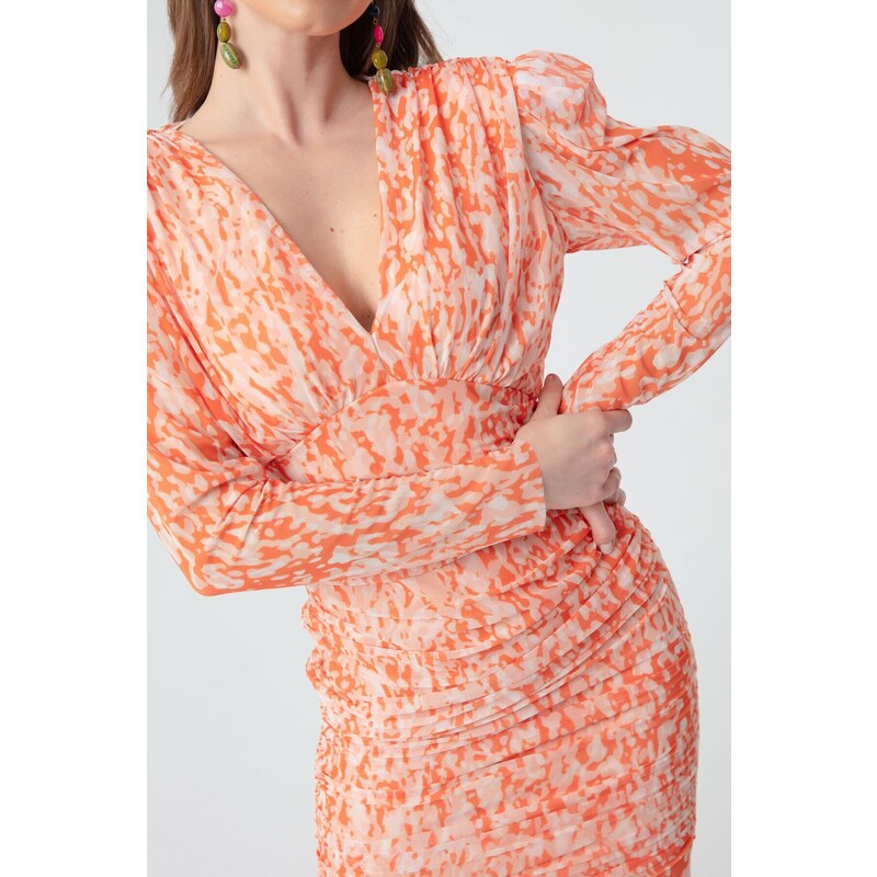 Lafaba Women's Orange Padded Patterned Tulle Dress