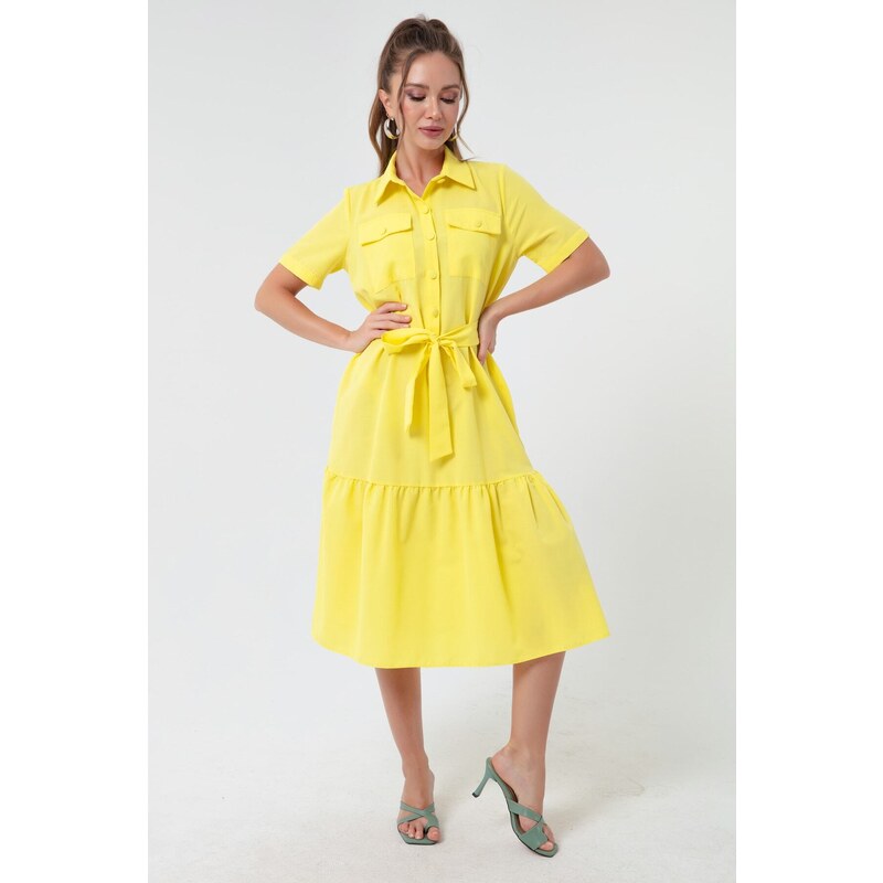 Lafaba Women's Yellow Covered Buttons and Belted Dress Wide Sizes