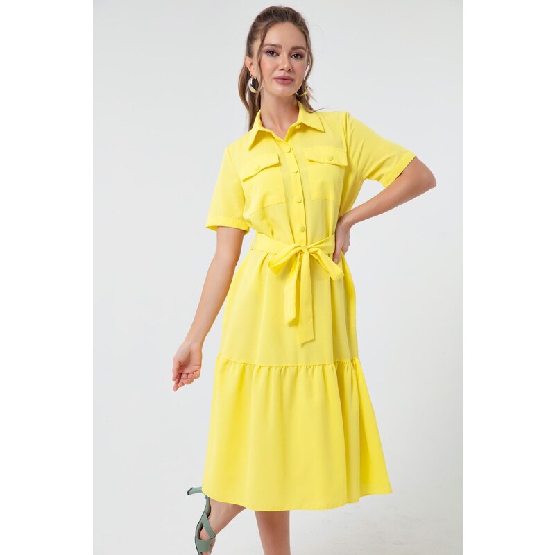 Lafaba Women's Yellow Covered Buttons and Belted Dress Wide Sizes