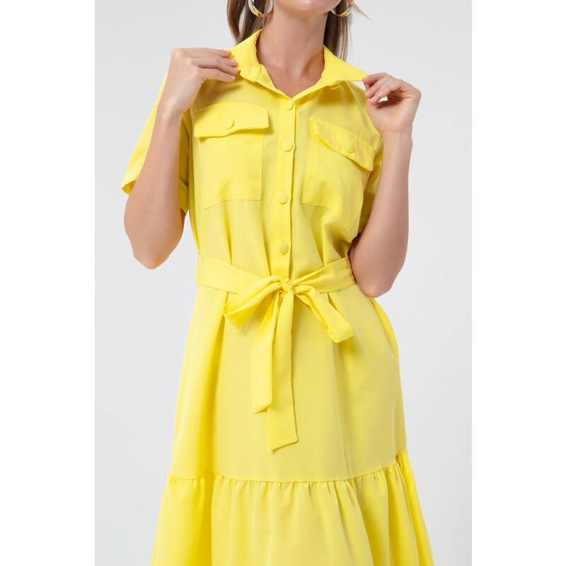 Lafaba Women's Yellow Covered Buttons and Belted Dress Wide Sizes