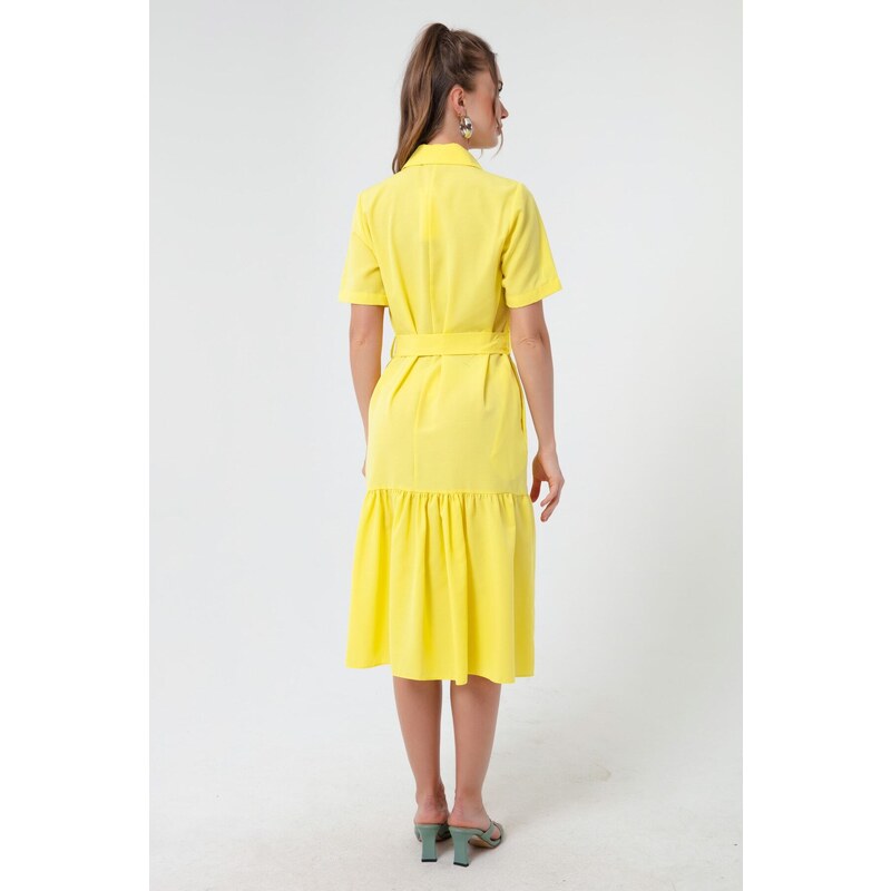 Lafaba Women's Yellow Covered Buttons and Belted Dress Wide Sizes