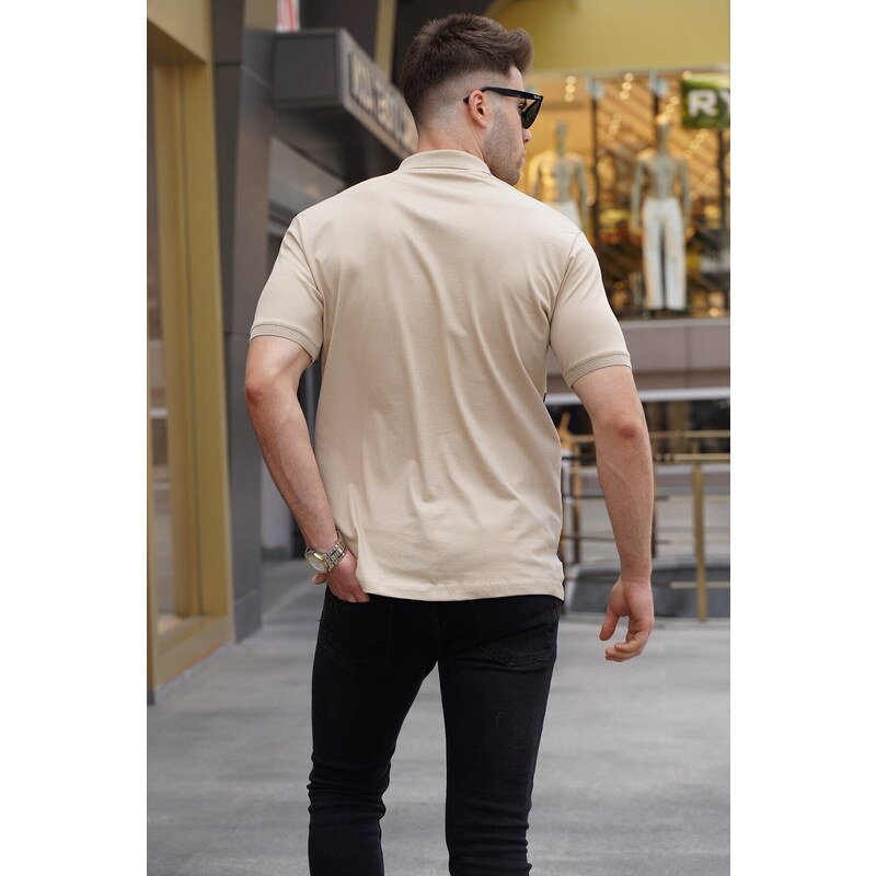 Madmext Beige Patterned Men's Polo Neck T-Shirt 5871