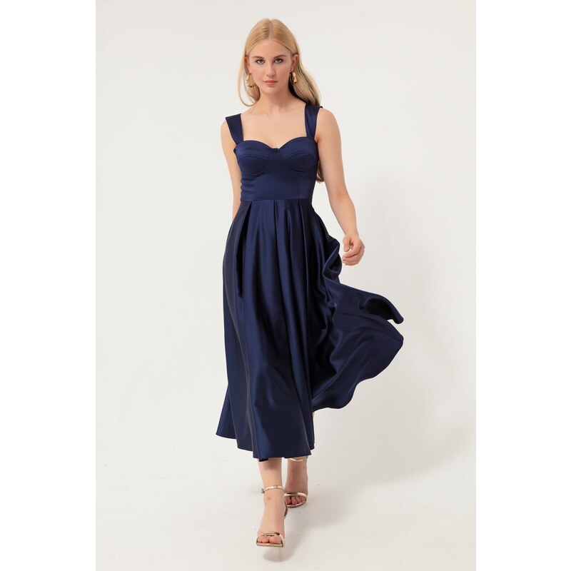 Lafaba Women's Navy Blue Strap Flared Cut Midi Satin Evening Dress