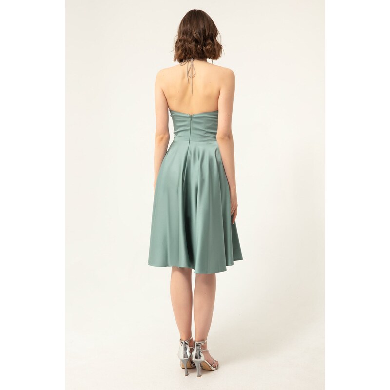 Lafaba Women's Mint Green Flare Cut Mini Evening Dress with Stone Straps.