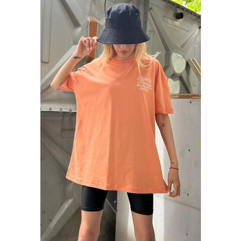 Madmext Orange Printed Oversized T-Shirt