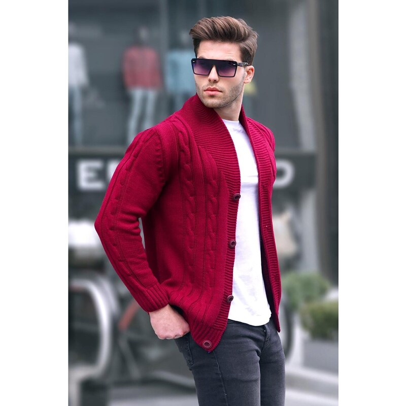 Madmext Burgundy Knitted Men's Cardigan 9053