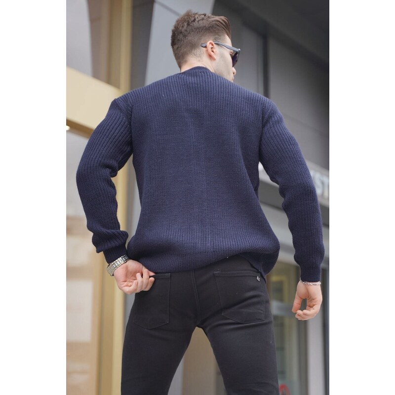 Madmext Navy Blue Basic Embroidered Knitted Cardigan T6313