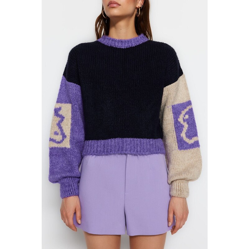 Trendyol Navy Blue Soft Textured Color Block Knitwear Sweater