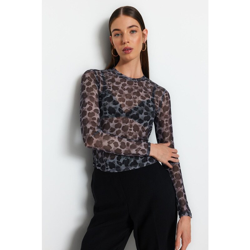 Trendyol Black Printed Tulle Fitted/Simple Crop, Stretchy Knit Blouse