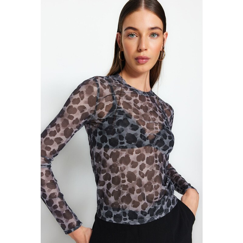 Trendyol Black Printed Tulle Fitted/Simple Crop, Stretchy Knit Blouse