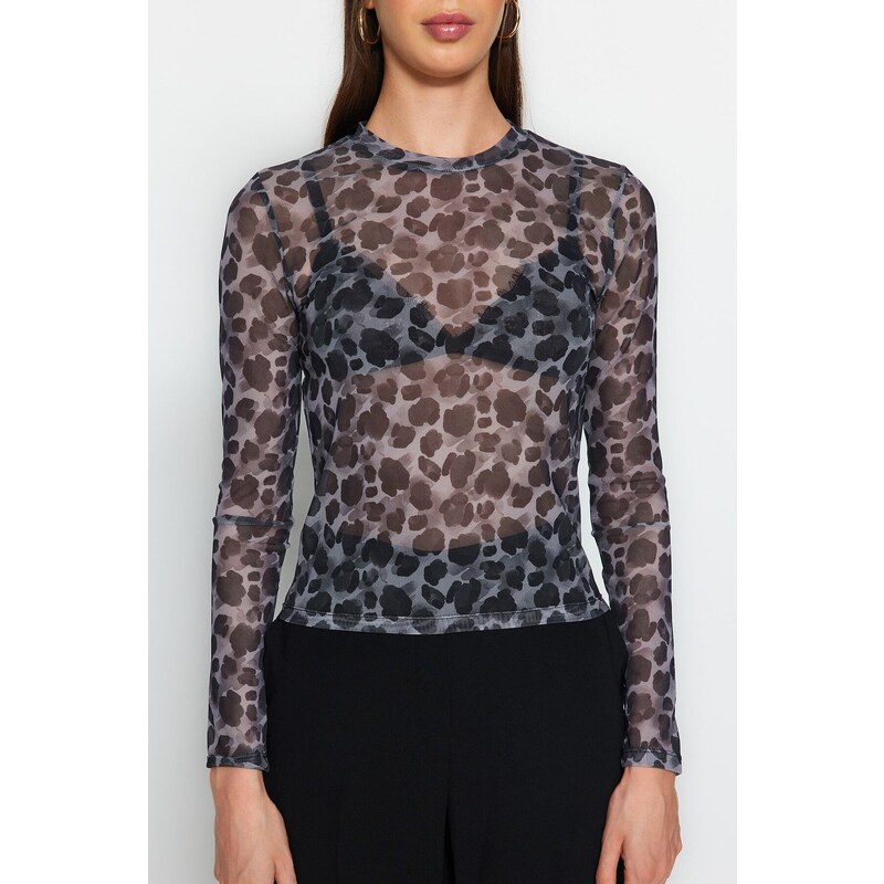 Trendyol Black Printed Tulle Fitted/Simple Crop, Stretchy Knit Blouse