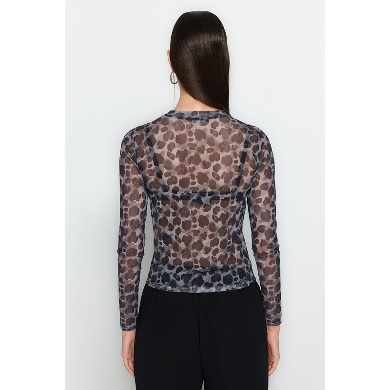 Trendyol Black Printed Tulle Fitted/Simple Crop, Stretchy Knit Blouse