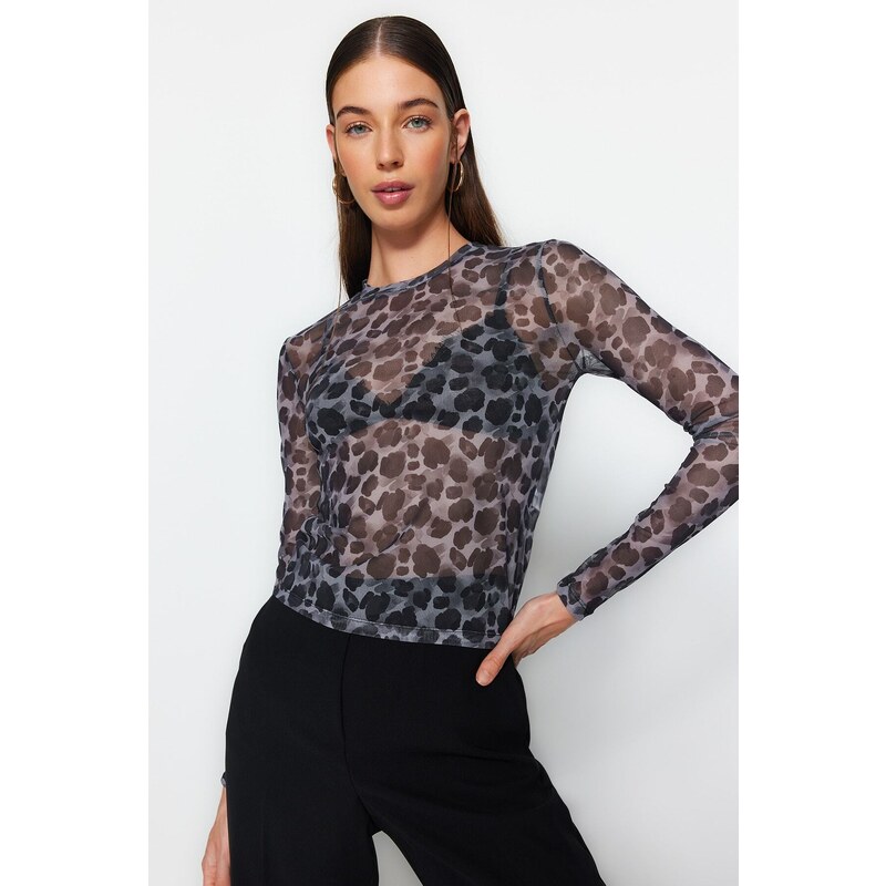 Trendyol Black Printed Tulle Fitted/Simple Crop, Stretchy Knit Blouse