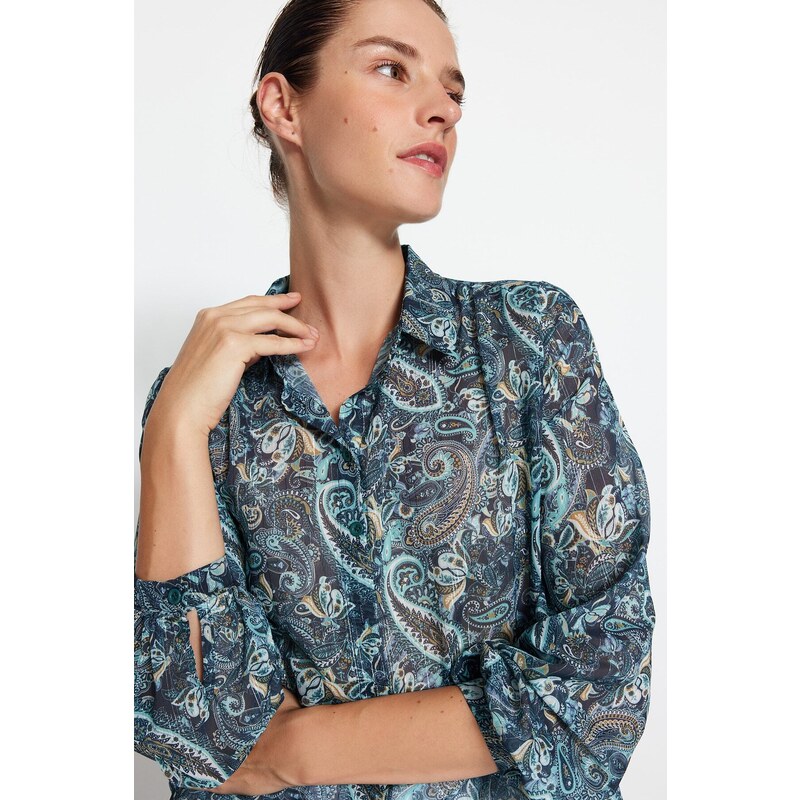 Trendyol Blue Paisley Pattern Transparent Oversize/Wide Fit Woven Shirt