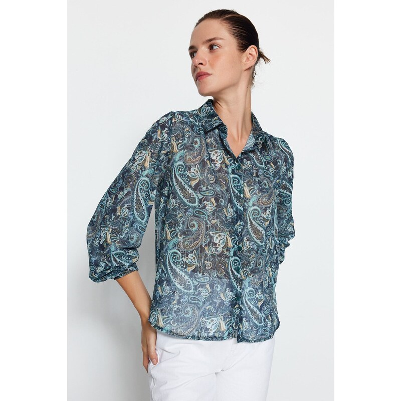 Trendyol Blue Paisley Pattern Transparent Oversize/Wide Fit Woven Shirt