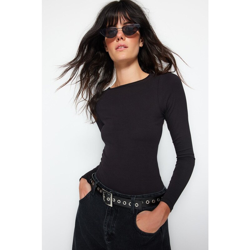 Trendyol Black Decollete Lace Detailed Long Sleeve Cotton Elastic Snap Snap Knitted Body