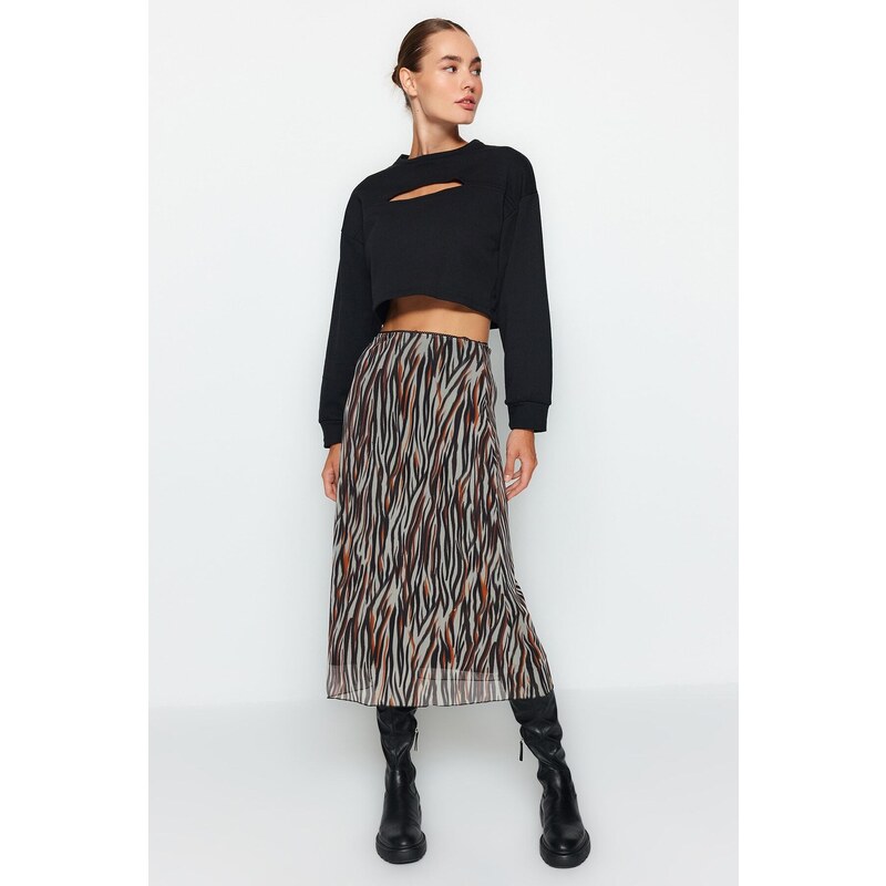 Trendyol Brown Elastic Waist, Printed Midi-Length Lined Tulle Knitted Skirt