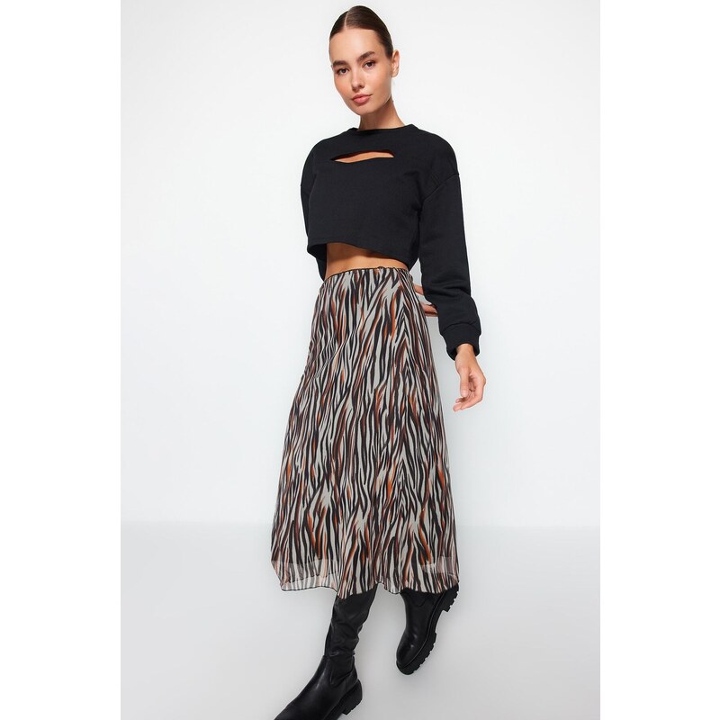 Trendyol Brown Elastic Waist, Printed Midi-Length Lined Tulle Knitted Skirt