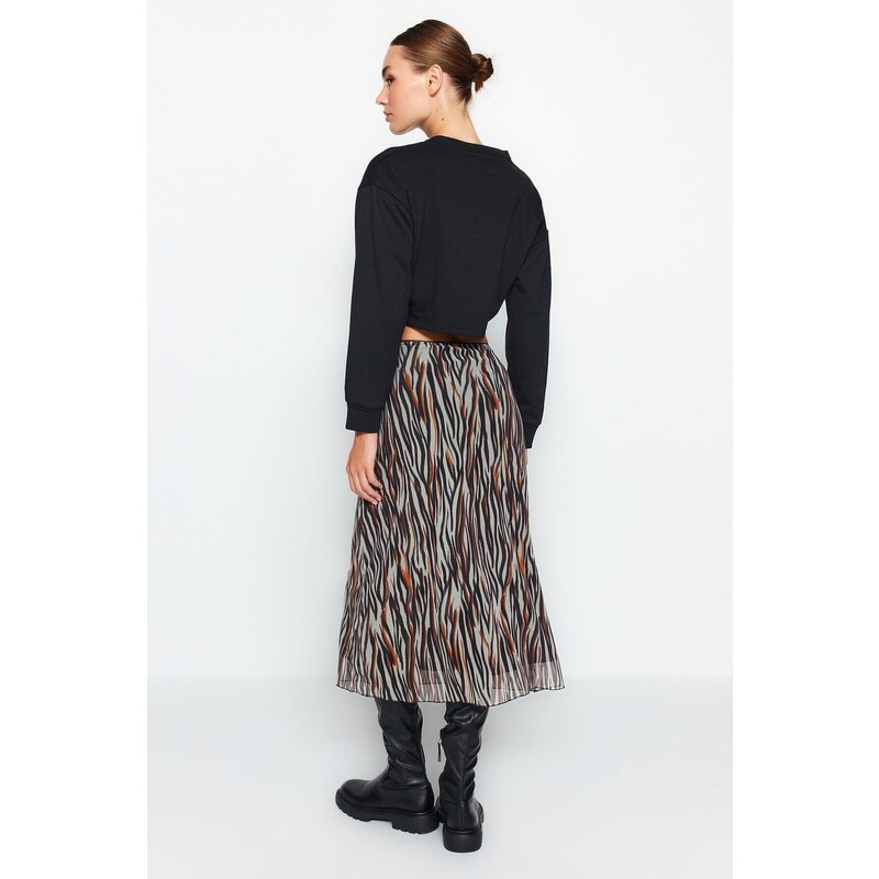 Trendyol Brown Elastic Waist, Printed Midi-Length Lined Tulle Knitted Skirt