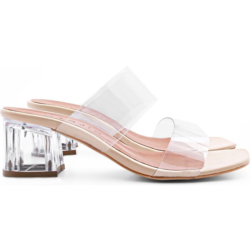 Marjin Women's Transparent Banded Transparent Heeled Slippers Yesva Beige