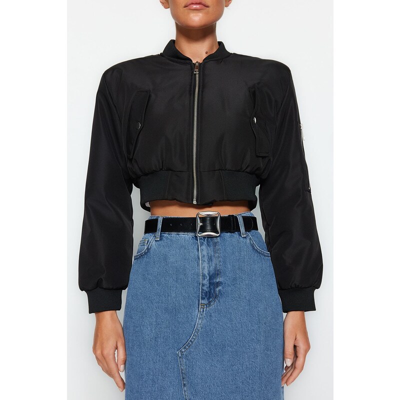 Trendyol černý oversize nepromokavý crop bomber bunda kabát