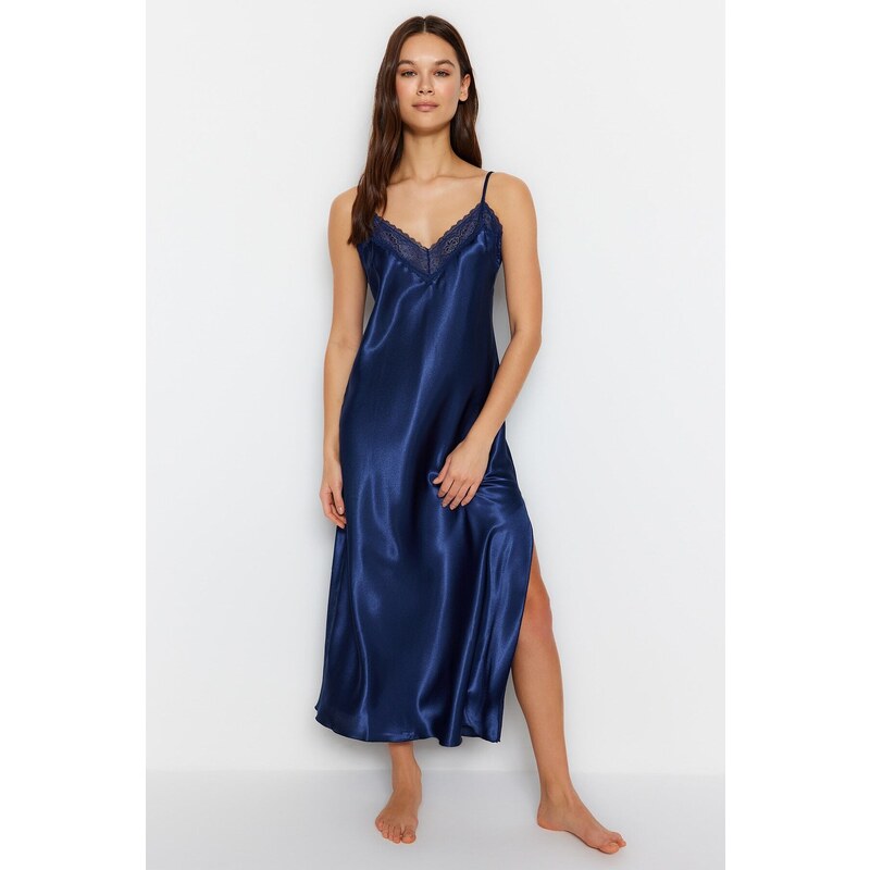 Trendyol Indigo Satin Lace and Slit Detailed Woven Nightgown