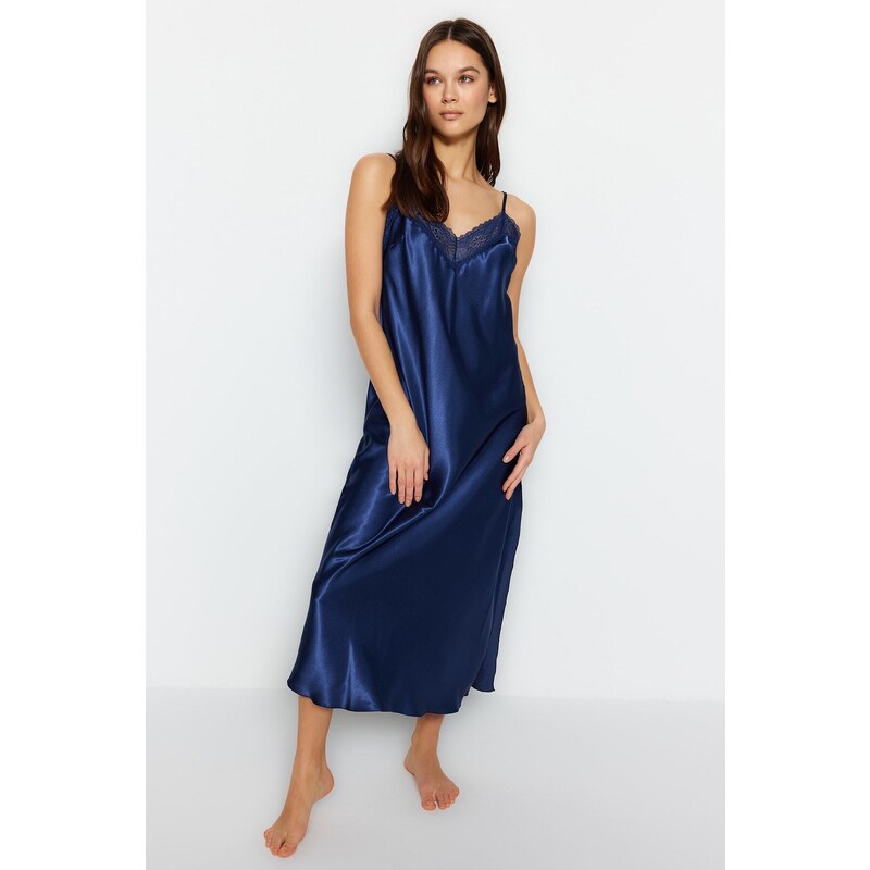 Trendyol Indigo Satin Lace and Slit Detailed Woven Nightgown