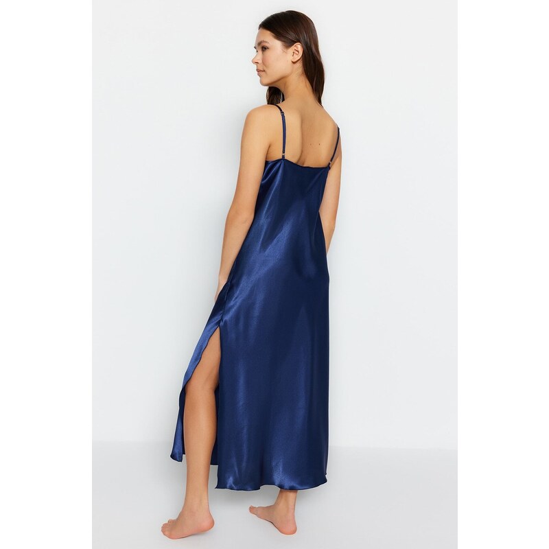 Trendyol Indigo Satin Lace and Slit Detailed Woven Nightgown