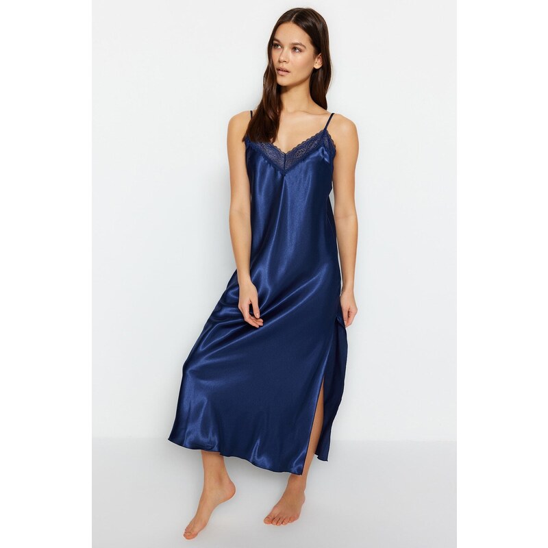 Trendyol Indigo Satin Lace and Slit Detailed Woven Nightgown