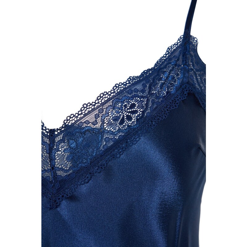 Trendyol Indigo Satin Lace and Slit Detailed Woven Nightgown