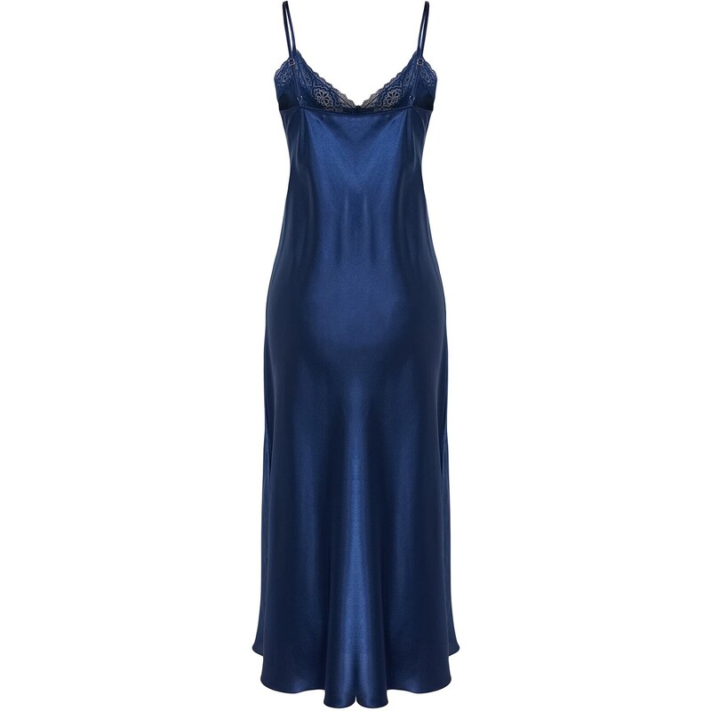 Trendyol Indigo Satin Lace and Slit Detailed Woven Nightgown