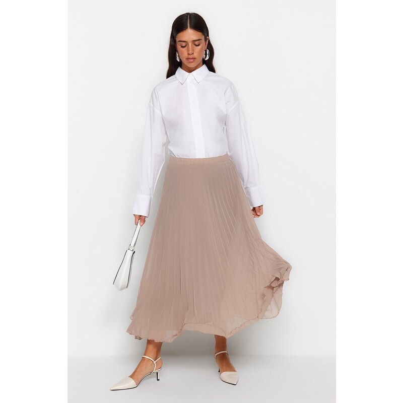 Trendyol Beige Pleated Woven Chiffon Skirt With Elastic Waist Lined and