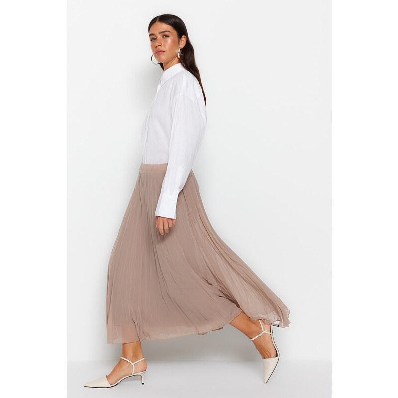 Trendyol Beige Pleated Woven Chiffon Skirt With Elastic Waist Lined and