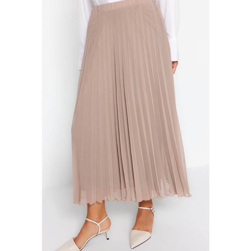 Trendyol Beige Pleated Woven Chiffon Skirt With Elastic Waist Lined and