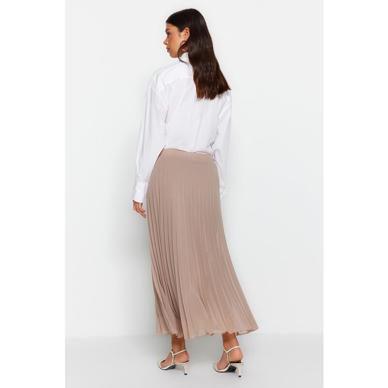 Trendyol Beige Pleated Woven Chiffon Skirt With Elastic Waist Lined and