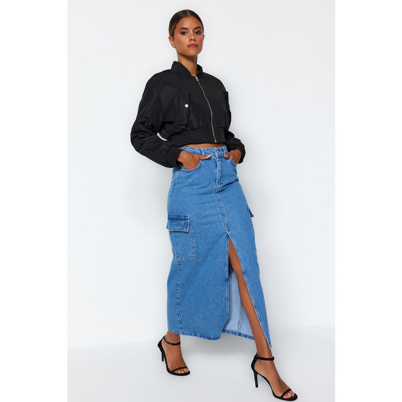 Trendyol Blue Maxi Denim Skirt with Cargo Pocket