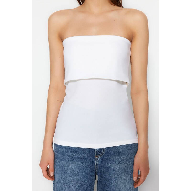 Trendyol White Crepe Knitted Blouse with a Strapless Collar and Zipper on the Side