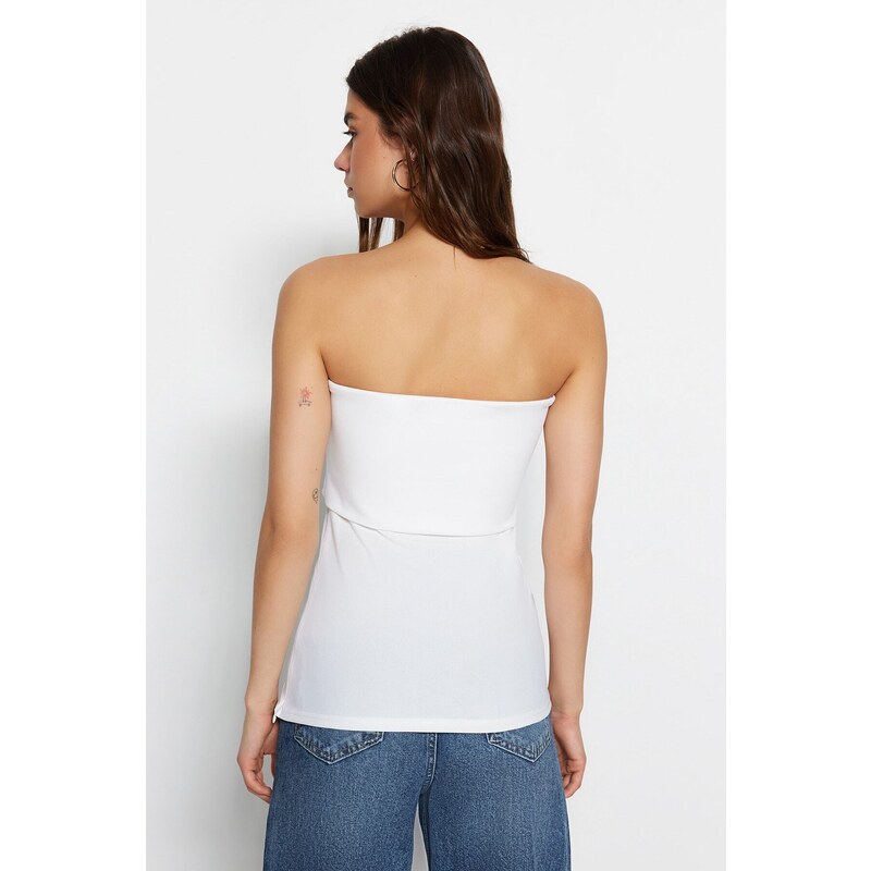 Trendyol White Crepe Knitted Blouse with a Strapless Collar and Zipper on the Side