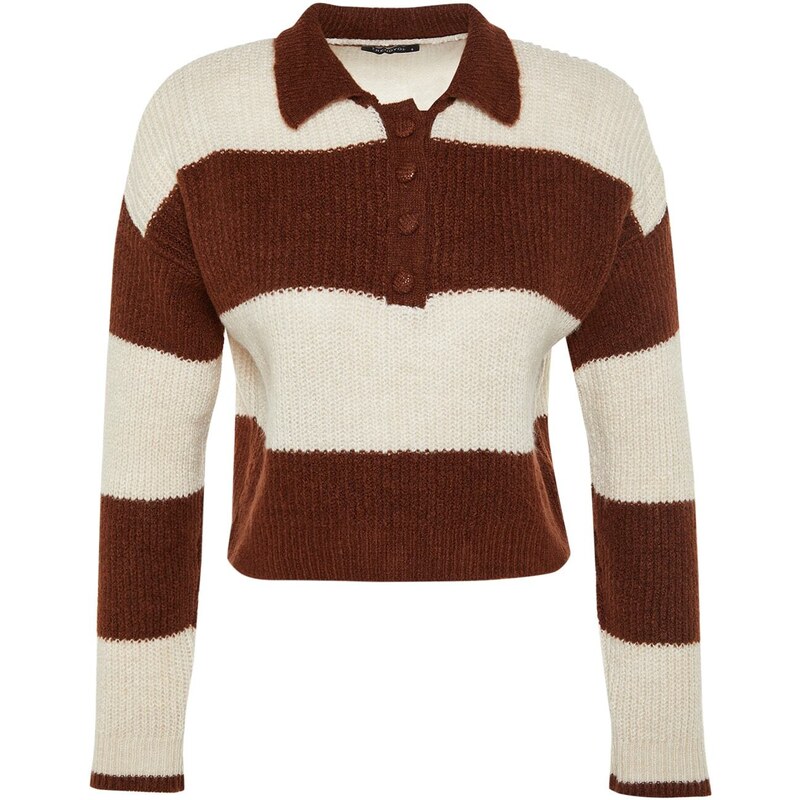 Trendyol Brown Crop Měkký texturovaný pletený svetr s barevným blokem