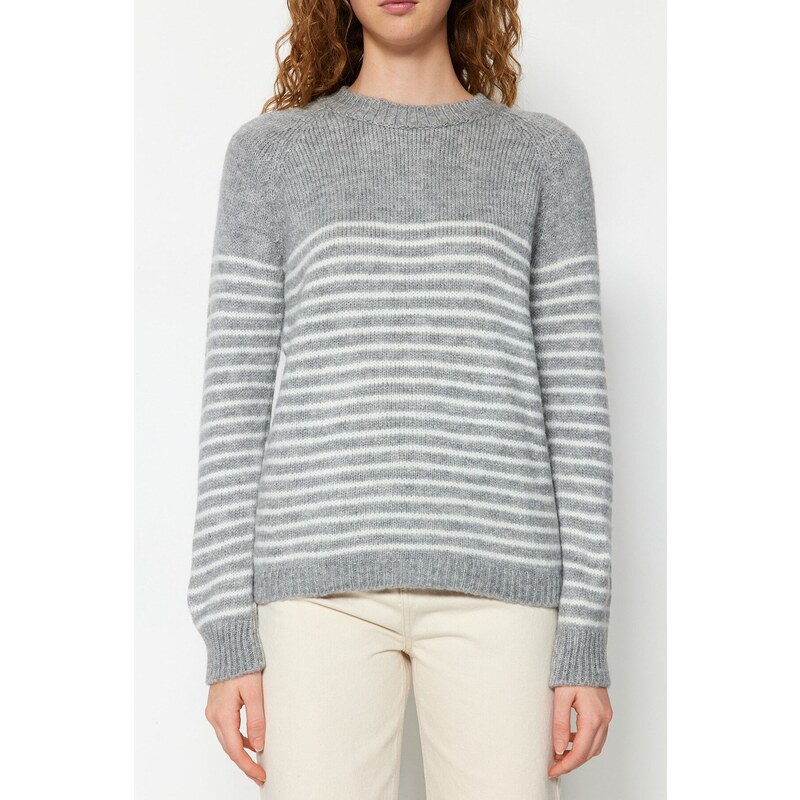 Trendyol Gray Soft Textured Striped Knitwear Sweater