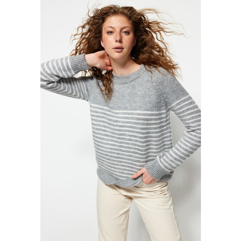 Trendyol Gray Soft Textured Striped Knitwear Sweater