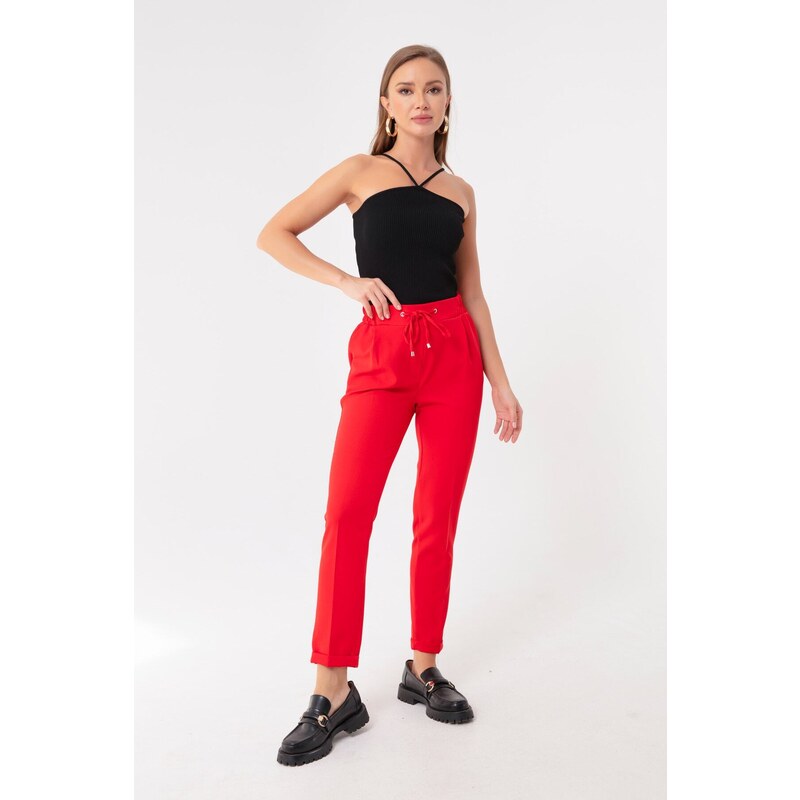 Lafaba Women's Red Carrot Pants with a Lace-Up Waist