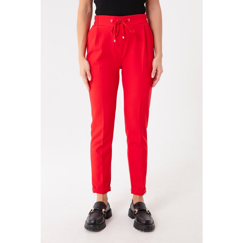 Lafaba Women's Red Carrot Pants with a Lace-Up Waist