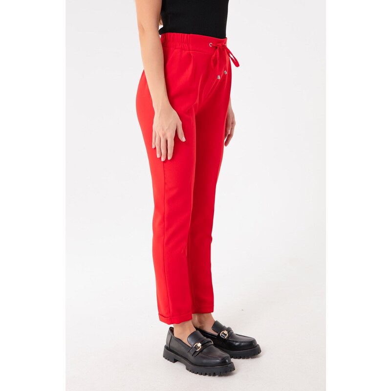 Lafaba Women's Red Carrot Pants with a Lace-Up Waist