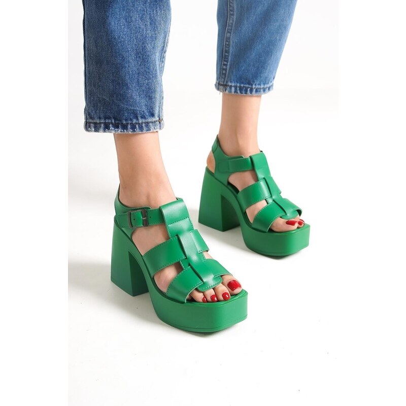 Capone Outfitters Capone Women's Chunky Toe Gladiator Strap Platform Heels Womens Pine Green Sandals