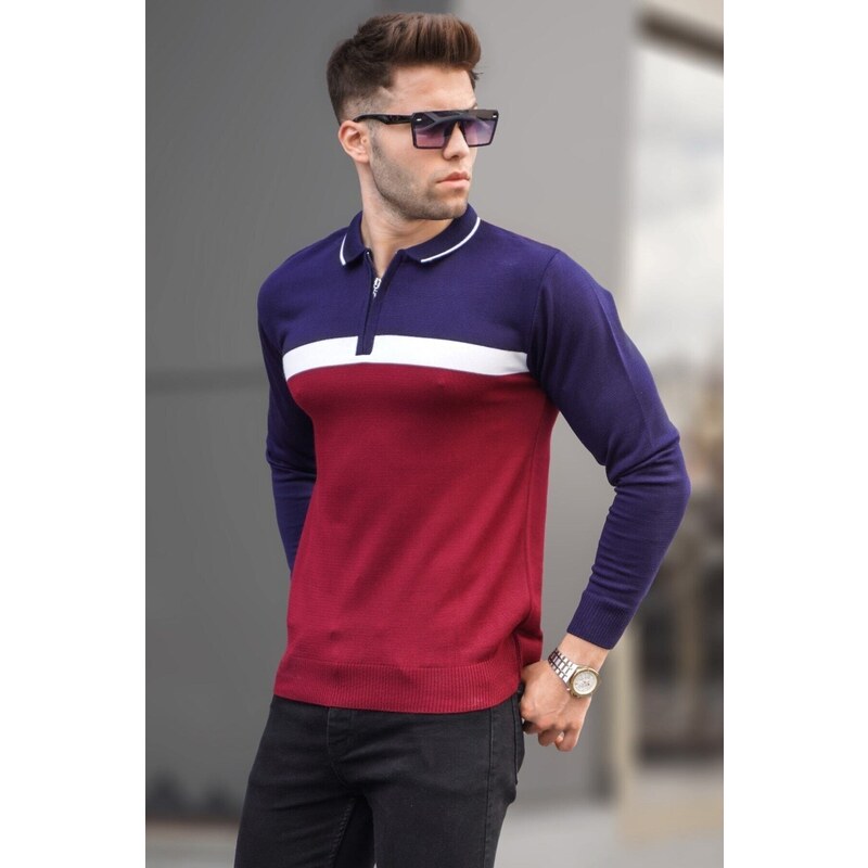 Madmext Claret Red with Zipper Polo Collar Knitwear Sweater 5787